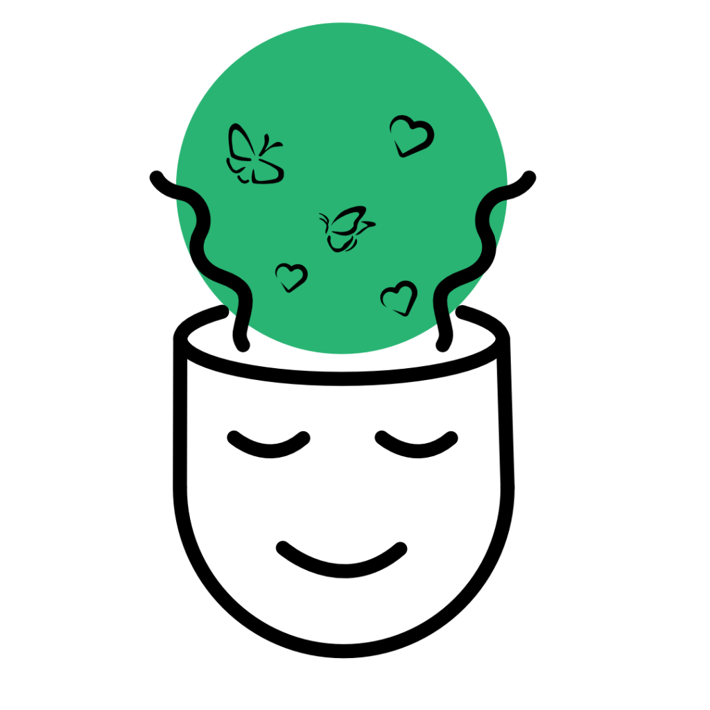 A green circle with black wavy lines on the left and right sides. Inside the circle, there are two black butterfly illustrations and four black heart shapes scattered around. The design appears simple and stylized, possibly representing nature or love.