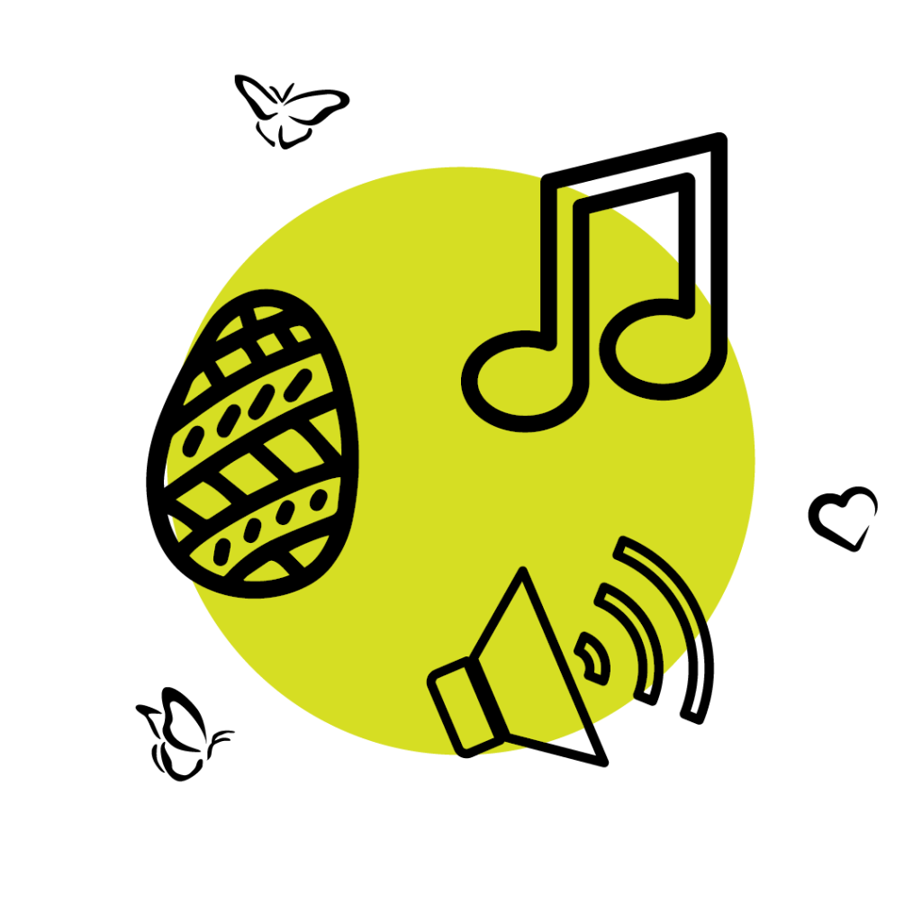 A bold yellow circle contains three black icons: a decorated egg, a pair of musical notes, and a speaker emitting sound waves. The combination of symbols suggests themes of music, celebration, and possibly festive decoration.