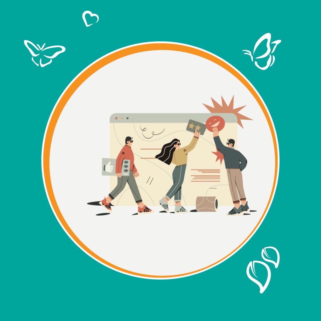 Illustration of three people engaging with a large web browser window. One person holds a thumbs-up icon, another reaches up to place a star rating, and the third carries a speech bubble with an exclamation mark. The background is teal with white illustrations of a butterfly, heart, and leaves, reinforcing a theme of collaboration and engagement with online content.