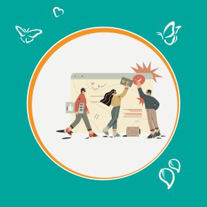 Illustration of three people engaging with a large web browser window. One person holds a thumbs-up icon, another reaches up to place a star rating, and the third carries a speech bubble with an exclamation mark. The background is teal with white illustrations of a butterfly, heart, and leaves, reinforcing a theme of collaboration and engagement with online content.