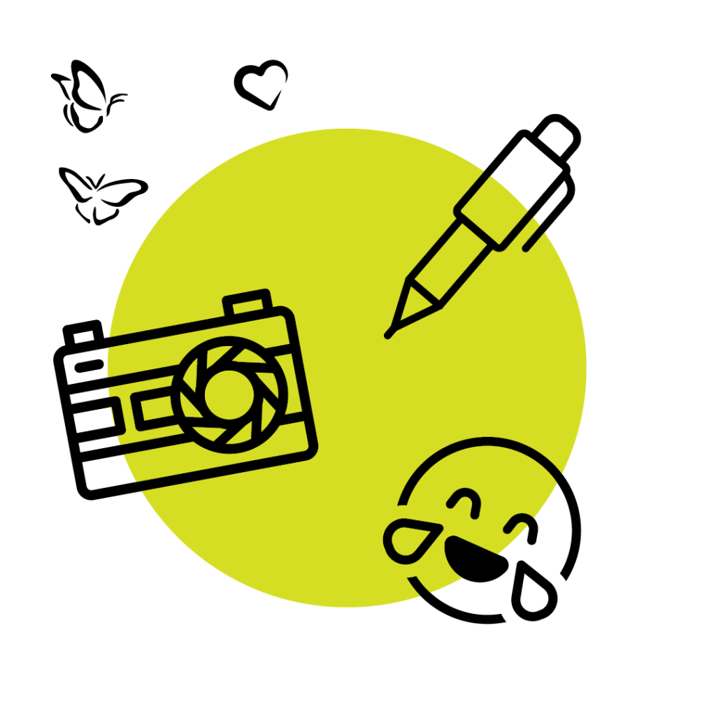 Simple illustrations of a camera, pen and a laughing emoji's. With icons of butterflies and heart on a yellow circle background.