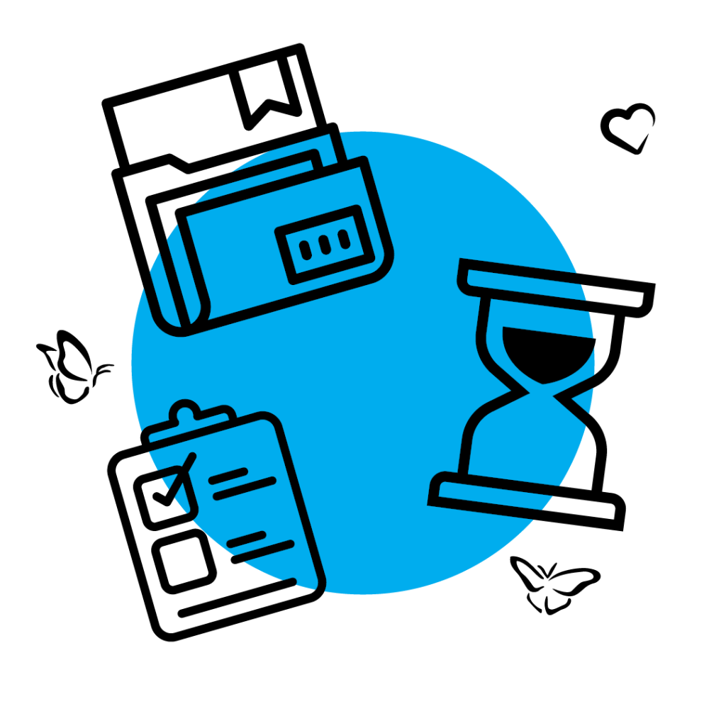 Simple illustrations of an hourglass, checklist and folder on a blue circle with butterflies and heart icons around the outside of the image.