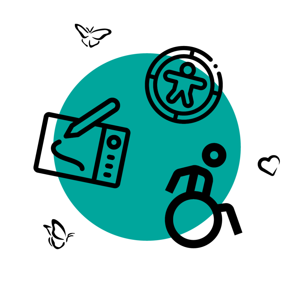A collection of simple icons of a person in a wheelchair, the accessibility symbol and a graphics tablets. the icons are sitting on a dark green circle with icons of butterflies and a heart around the outside of the image.
