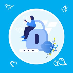 An illustration of a person sitting on a padlock with a shield next to the lock. The image is sitting in a circle with a whit boarder on a blue background with butterflies, a heart and leaves in the corners of the image.