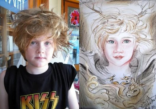 This image is made of 2 pictures the one on the left is a photo of a young boy with messy wavy blond hair, he has bright green eyes and many freckles on his face. He is wearing a black t-shirt with the logo for the band Kiss on it in orange and yellow. The picture on the right side is the same boy now in a stylised sketch coloured with water colours. the bow is also wearing what looks like plate armour with a dragon sitting on his chest. The boy also now has horns that look like tree branches coming out of his head.