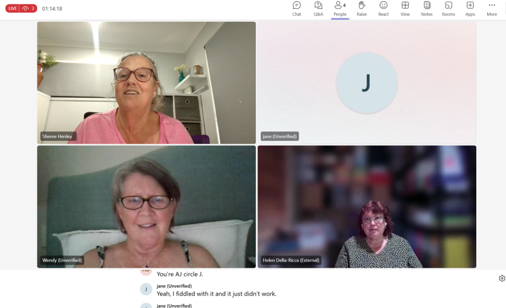 A screen shot of a teams meeting. There are four people in the call, 3 of them are using their cameras one is not, they are represented with the letter J in and light blue circle.