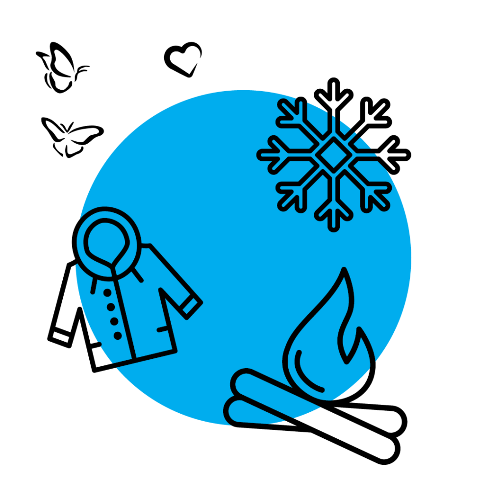 Black icons of a wood fire, snowflake and jacket on a blue circle. With black icons of butterflies and a heart floating around the outside of the circle