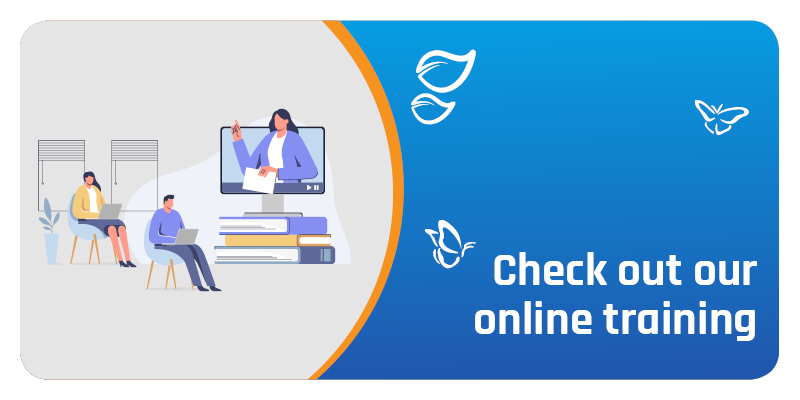 On the left of the image is a illustration of an online lecture with 2 people are sitting on their laptops listening to a woman talking on a computer screen the women is partially coming out of the screen and the screen is sitting on 3 oversized books. This image has a orange curved boarder separating the right side of the image which is blue with icons of leaves and butterflies with the text "Check out out online training"
