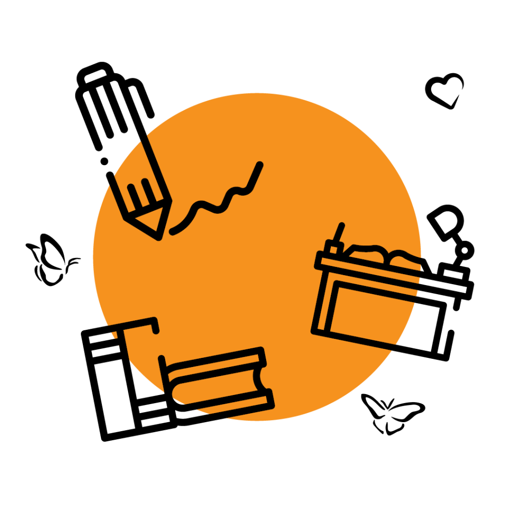 Black icons of a pen, desk and books sitting on an orange circle with black icons of butterflies and a heart outside the circle.