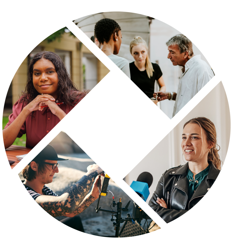 A circular collage divided into four quadrants, each depicting a distinct moment in media and collaboration. Top-left: a person with long curly hair in a maroon shirt sits at a table, hands clasped in a thoughtful pose. Top-right: three individuals engage in discussion, one holding a notepad, suggesting a collaborative or interview setting. Bottom-right: a person in a black leather jacket speaks into a microphone, evoking a media or broadcast context. Bottom-left: a tattooed individual in a cap adjusts technical equipment, hinting at behind-the-scenes production. Together, the scenes convey a dynamic narrative of communication, creativity, and diverse roles in storytelling.