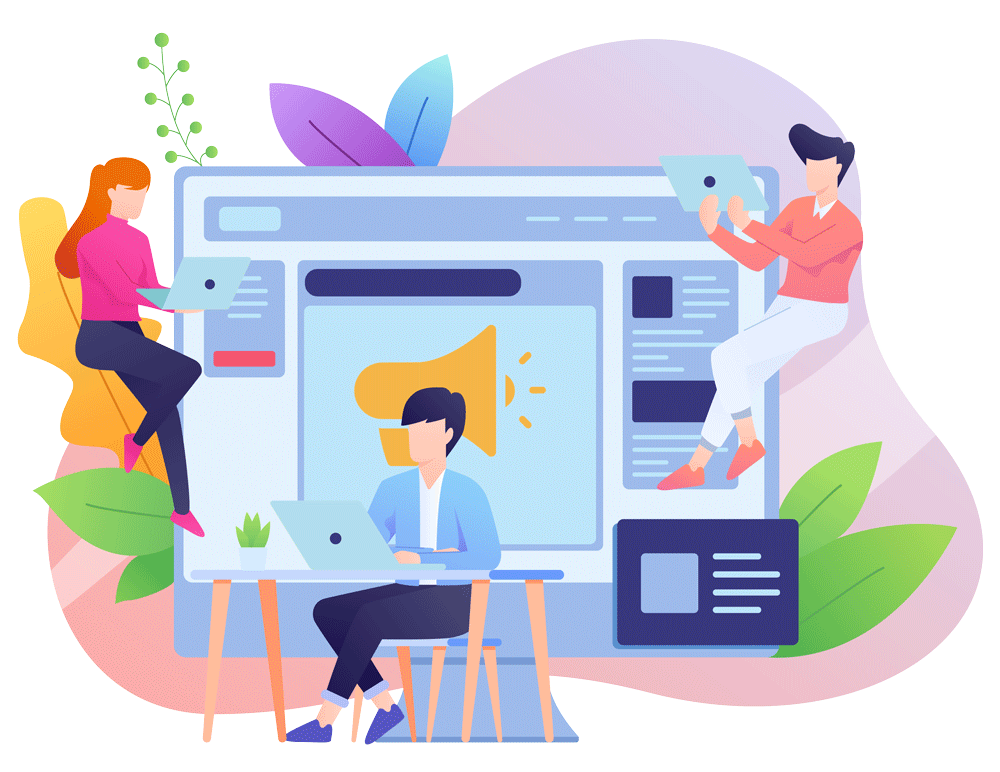 A vibrant illustration shows three people engaging with a large digital interface that resembles a website. The central screen displays a webpage layout with a bold megaphone icon, symbolizing digital marketing or content promotion. One person sits at a desk using a laptop, while the other two perch on opposite edges of the screen, each holding a tablet. Abstract shapes and leafy plant elements fill the background, creating a modern, creative atmosphere.