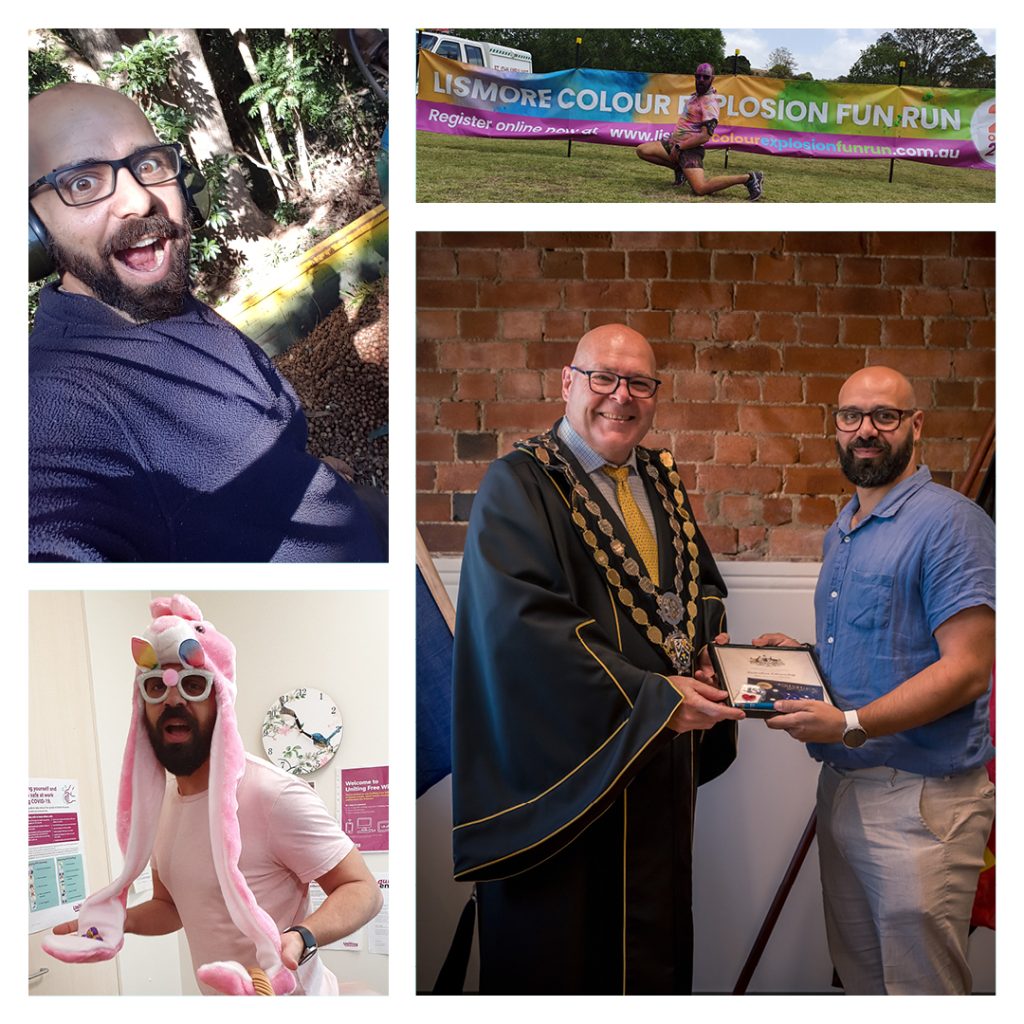 A four-photo collage featuring the same person in varied moments of joy, playfulness, and recognition. Top-left: outdoors with trees and a path behind them, the person smiles warmly at the camera, wearing headphones and glasses. Top-right: mid-color run, they’re covered in bright powder beneath a banner reading “Lismore Colour Explosion Fun Run,” radiating energy and fun. Bottom-left: indoors, they wear a whimsical pink unicorn hat and white sunglasses, holding a pink bucket with a playful grin. Bottom-right: in a formal setting, they shake hands with a man in ceremonial attire while receiving a plaque, standing proudly in front of a brick wall.