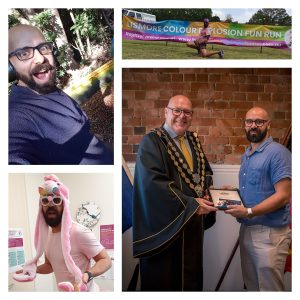 A four-photo collage featuring the same person in varied moments of joy, playfulness, and recognition. Top-left: outdoors with trees and a path behind them, the person smiles warmly at the camera, wearing headphones and glasses. Top-right: mid-color run, they’re covered in bright powder beneath a banner reading “Lismore Colour Explosion Fun Run,” radiating energy and fun. Bottom-left: indoors, they wear a whimsical pink unicorn hat and white sunglasses, holding a pink bucket with a playful grin. Bottom-right: in a formal setting, they shake hands with a man in ceremonial attire while receiving a plaque, standing proudly in front of a brick wall.