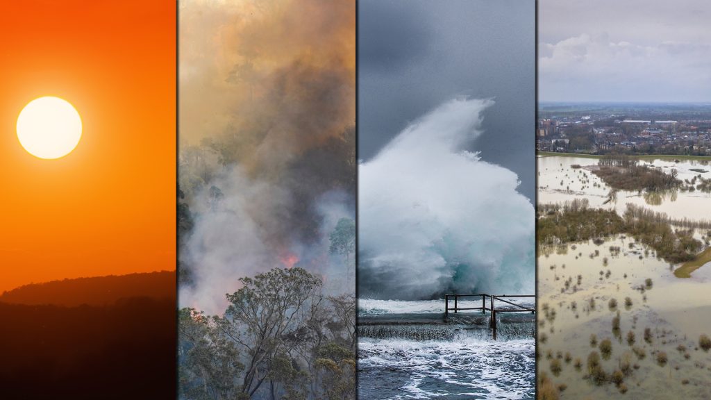 A vertical four-panel illustration depicting extreme weather and climate-related disasters. Panel one: a blazing sun hangs over a parched, cracked landscape, evoking heat and drought. Panel two: a forest consumed by thick smoke and flames, representing a wildfire’s destructive force. Panel three: a massive ocean wave crashes violently against a coastal pier, symbolizing storm surge or coastal flooding. Panel four: a flooded scene with water submerging trees and buildings, highlighting the devastation of inland flooding. Together, the panels portray the escalating intensity and diversity of climate-driven natural disasters.