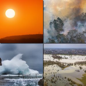 A four-quadrant collage illustrating dramatic natural events. Top left: a vivid orange sun rises or sets over rolling hills, casting a warm glow that evokes both beauty and intensity. Top right: a forest fire rages, with thick smoke and visible flames consuming trees, conveying urgency and destruction. Bottom left: a towering ocean wave crashes against a coastal structure, its forceful motion highlighting nature’s raw power. Bottom right: a flooded landscape shows water engulfing fields and trees, with distant buildings partially submerged—an image of disruption and vulnerability.