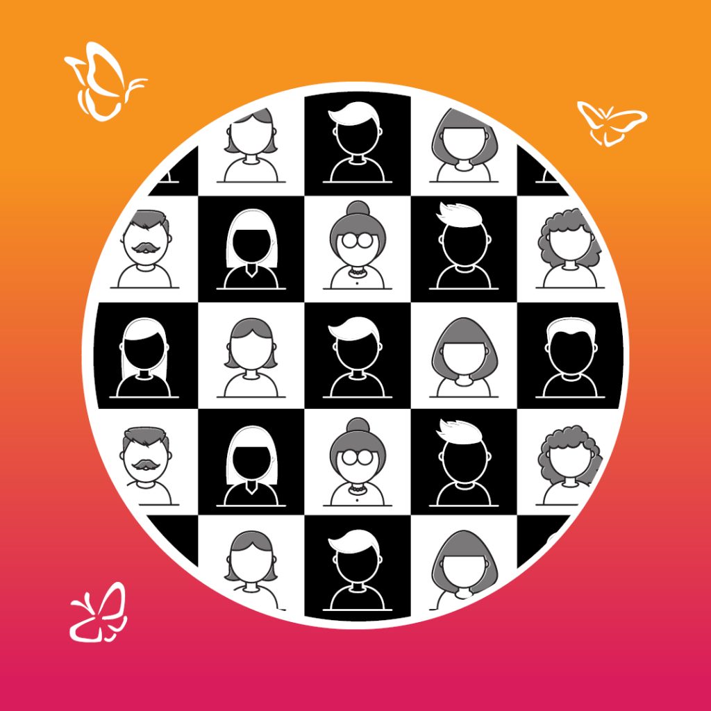 A circular grid of 25 stylized avatar illustrations arranged in a 5x5 pattern, alternating black and white backgrounds to create a checkerboard effect. Each avatar features unique cartoon-like traits—different hairstyles, accessories, and facial expressions—suggesting diverse identities. The grid is set against a warm gradient background that fades from orange at the top to pink at the bottom. Three white butterflies float around the circle, adding a whimsical, gentle touch.