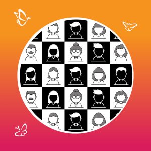 A circular grid of 25 stylized avatar illustrations arranged in a 5x5 pattern, alternating black and white backgrounds to create a checkerboard effect. Each avatar features unique cartoon-like traits—different hairstyles, accessories, and facial expressions—suggesting diverse identities. The grid is set against a warm gradient background that fades from orange at the top to pink at the bottom. Three white butterflies float around the circle, adding a whimsical, gentle touch.