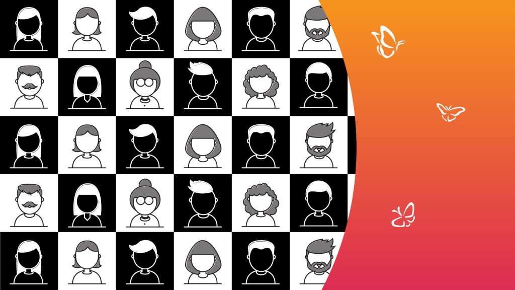 A 5x5 grid of black-and-white illustrated avatars appears on the left side of the image, each square showing a stylized cartoon head-and-shoulders portrait with varied hairstyles, facial hair, and accessories like glasses. The backgrounds alternate between black and white, creating a checkerboard effect. On the right, a warm gradient fades from orange to pink, scattered with delicate white butterfly illustrations that add a whimsical, airy contrast to the structured grid.