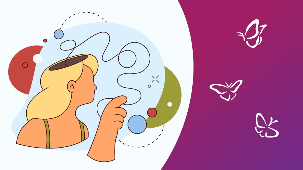 A stylised illustration of a person with blonde hair, shown in profile, their head open at the top to reveal a swirling line representing tangled or complex thoughts. They point toward the swirl, suggesting engagement with their inner mental process. Surrounding them are colourful circles and dotted lines that evoke dynamic, abstract energy. On the right, three white butterflies float against a gradient purple background, symbolising transformation, freedom, or emerging clarity.