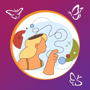 A stylised illustration of a person with blonde hair shown in profile, their head open at the top to reveal swirling lines symbolising introspection or mental activity. They point toward a colourful, abstract circular frame filled with blue, red, and green shapes, evoking emotional complexity. The background fades from purple to pink, with white butterfly silhouettes in the corners suggesting transformation and freedom. Surrounding abstract shapes add a sense of creative energy and cognitive depth.