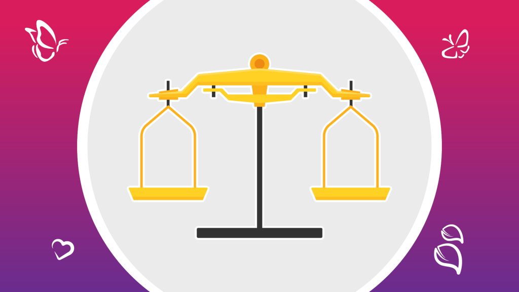 Yellow balance scale with black stand inside a white circular frame, set against a pink-to-purple gradient background, decorated with white icons of butterflies, a heart, and leaves in the corners.