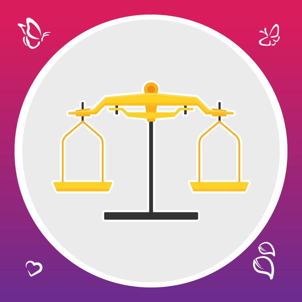 Stylised yellow and black balance scale inside a white circle on a pink-purple gradient background, surrounded by whimsical butterflies, hearts, and leaves.