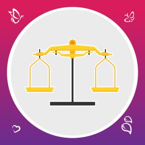Stylised yellow and black balance scale inside a white circle on a pink-purple gradient background, surrounded by whimsical butterflies, hearts, and leaves.