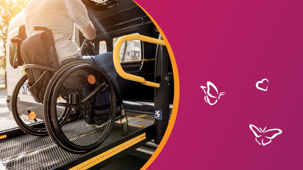 A person using a wheelchair enters a van via an accessibility ramp in warm sunlight. The ramp has yellow safety edges and a textured surface, with a yellow handrail and a blue accessibility symbol visible. The right side of the image features a magenta background with white butterfly and heart icons, adding a gentle, uplifting feel.