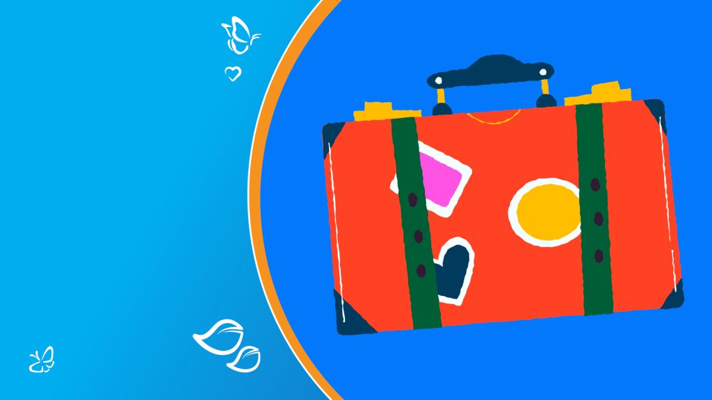 Illustrated red suitcase with travel stickers positioned on the right side of a blue circular frame, with decorative white butterflies, leaves, and heart doodles on a blue gradient background.