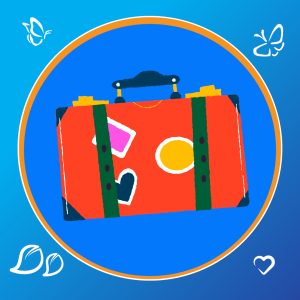 Illustrated red suitcase with green straps and travel stickers inside a blue circular frame, surrounded by white butterfly, leaf, and heart doodles on a blue gradient background.